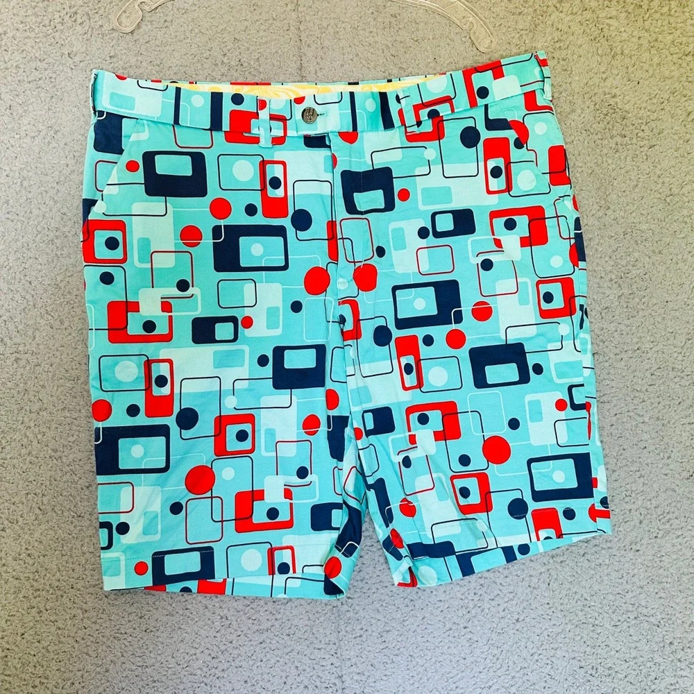 Loudmouth Golf Mens 40 Shorts Teal Blue Retro Geometric Mid Century Modern Print